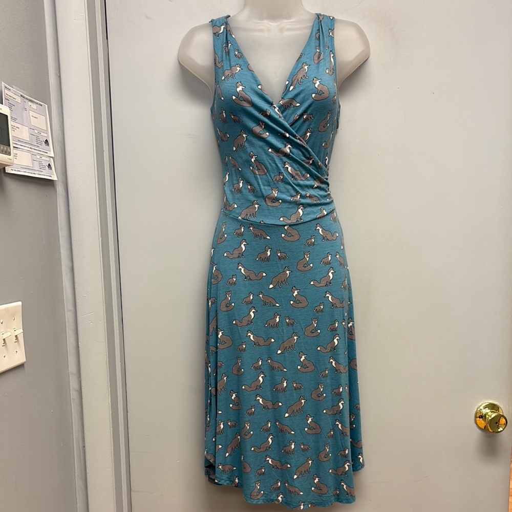 Blue Platypus Bamboo Fiber Surplice Ruched Bodice Fox Print Midi Dress XS